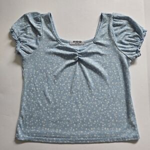 Women’s Blue Floral Ribbed Puff Sleeve Crop Top Size XL Cottagecore